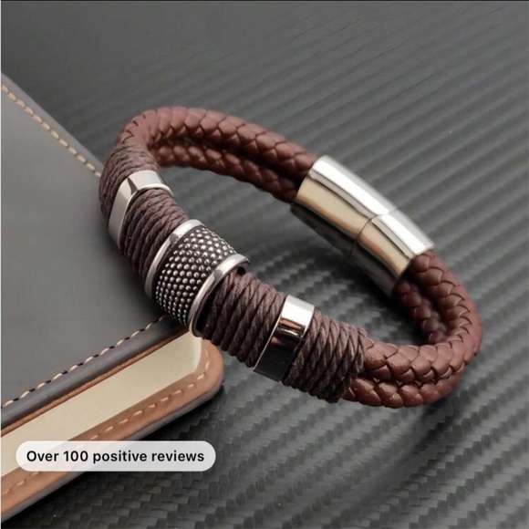 BROWN STAINLESS STEEL LEATHER BRACELET SILVER AND BROWN - Picture 2 of 5